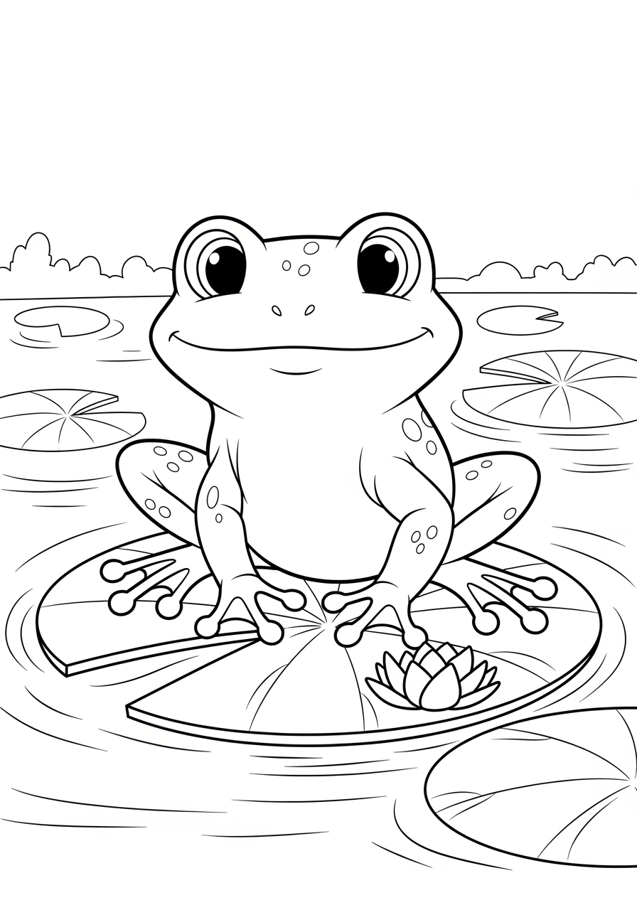 Desenho Fofo de um Sapo em uma vitória-régia para colorir