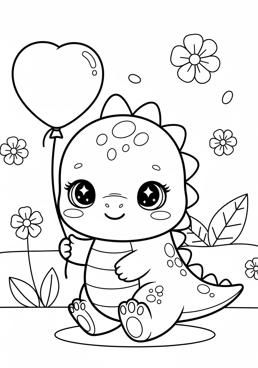Desenho Fofo de um Dino com balão para colorir