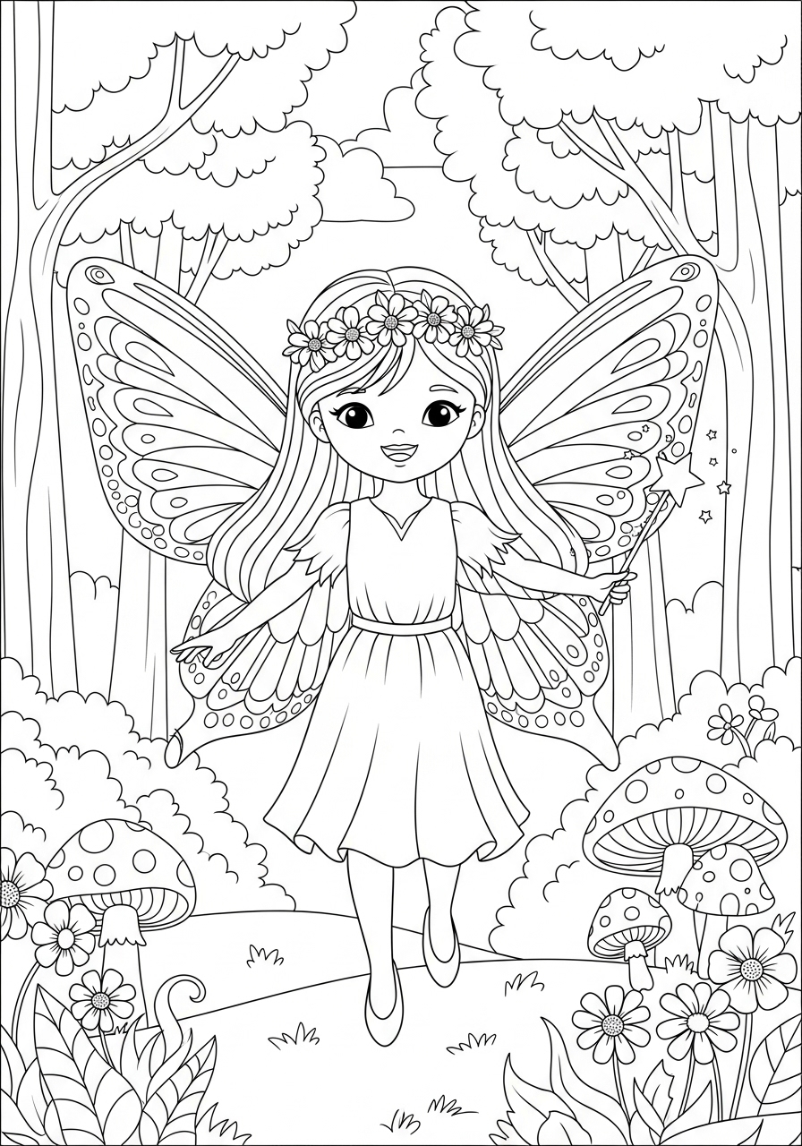 Desenho Fofo de fada com varinha em floresta mágica