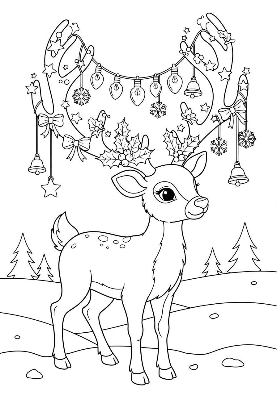 Desenho Fofo de Rena com Galhos Decorados para colorir