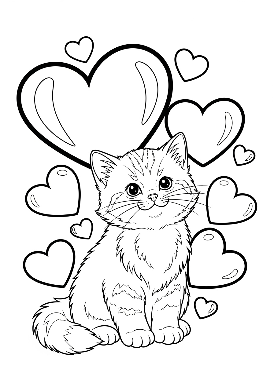 Desenho Fofo de gatinho rodeado de corações para colorir