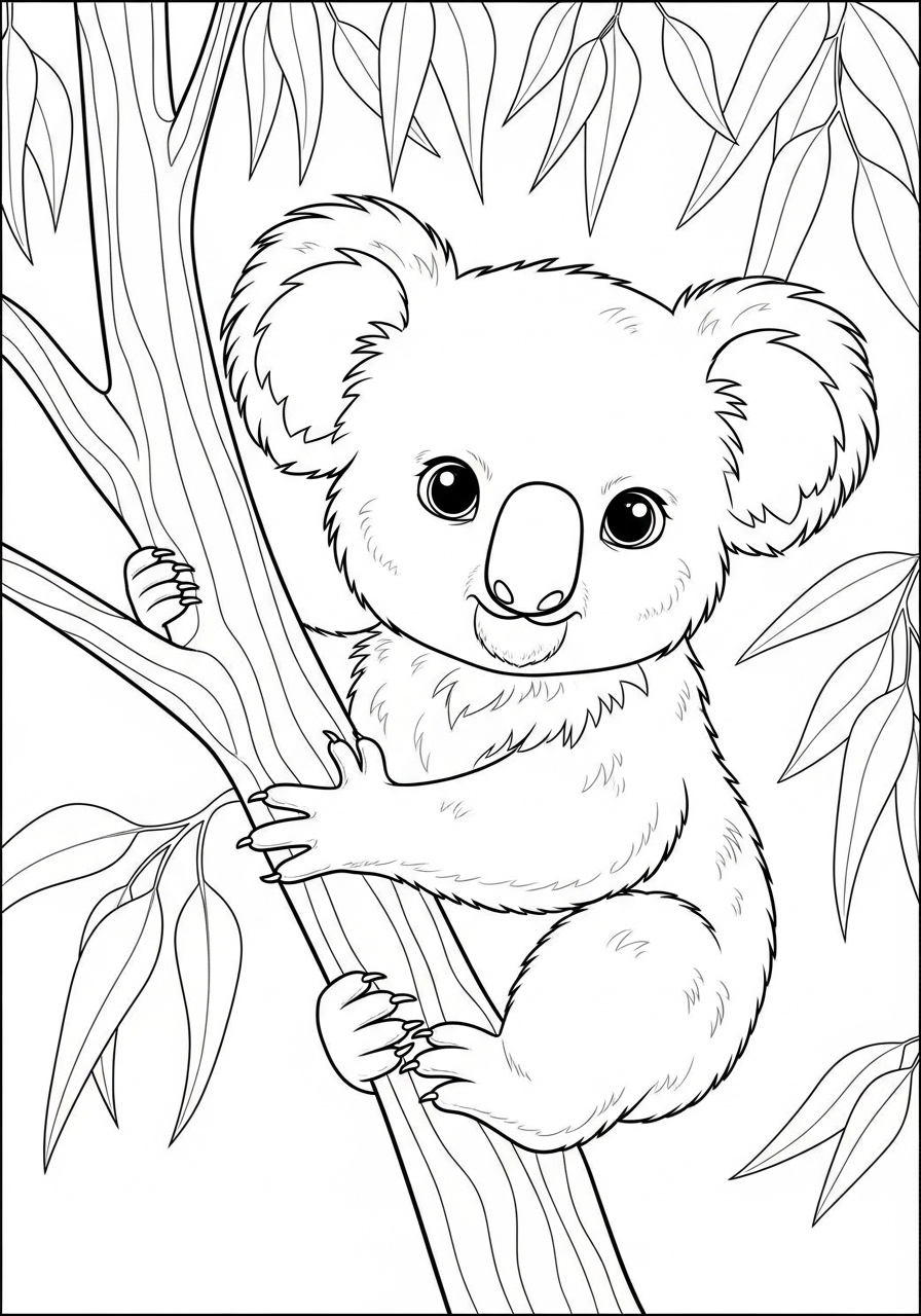 Desenho Fofo de um Koala em uma árvore para colorir