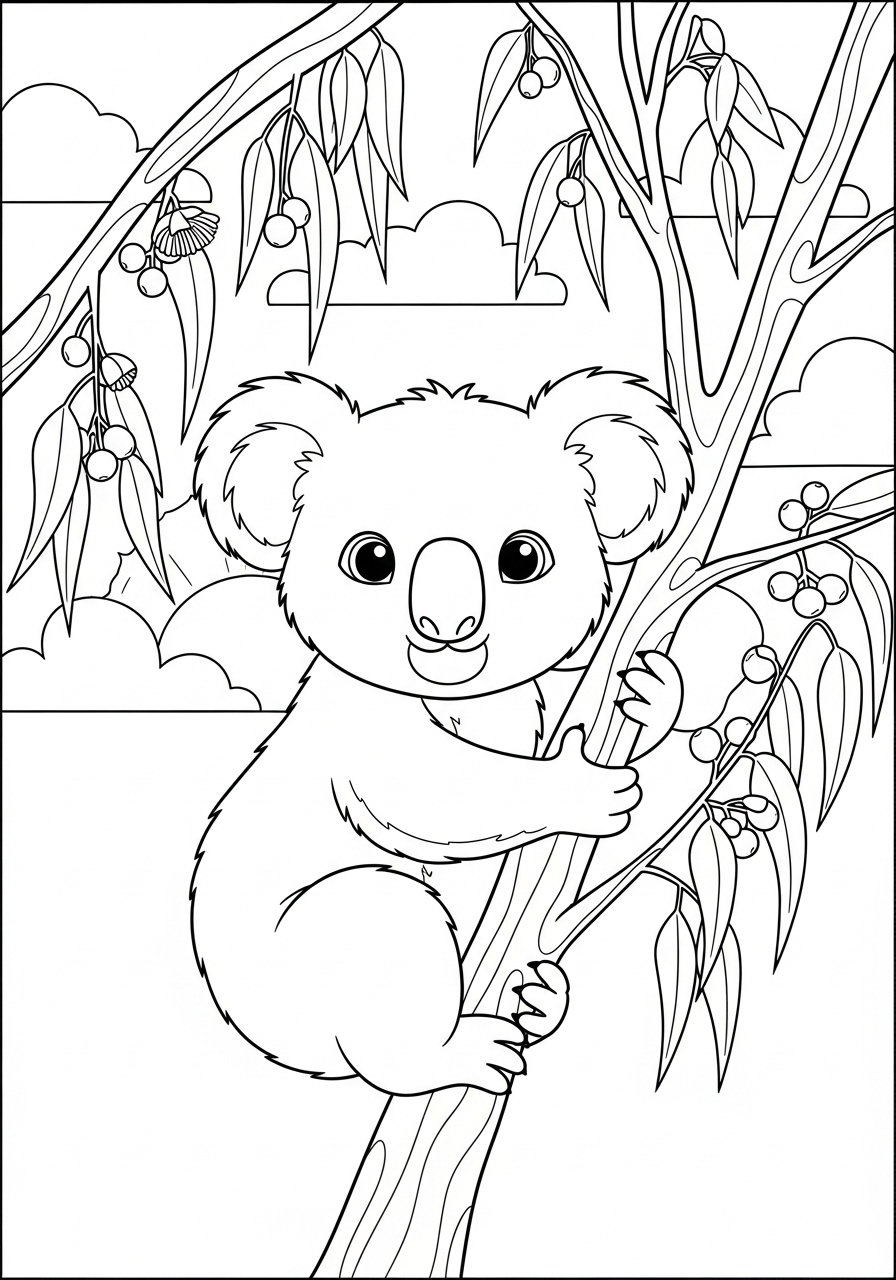 Desenho Fofo de um Coala abraçando uma árvore