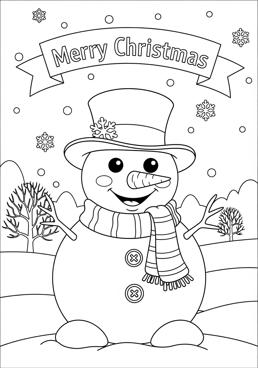 Desenho Fofo de boneco de neve com chapéu para colorir