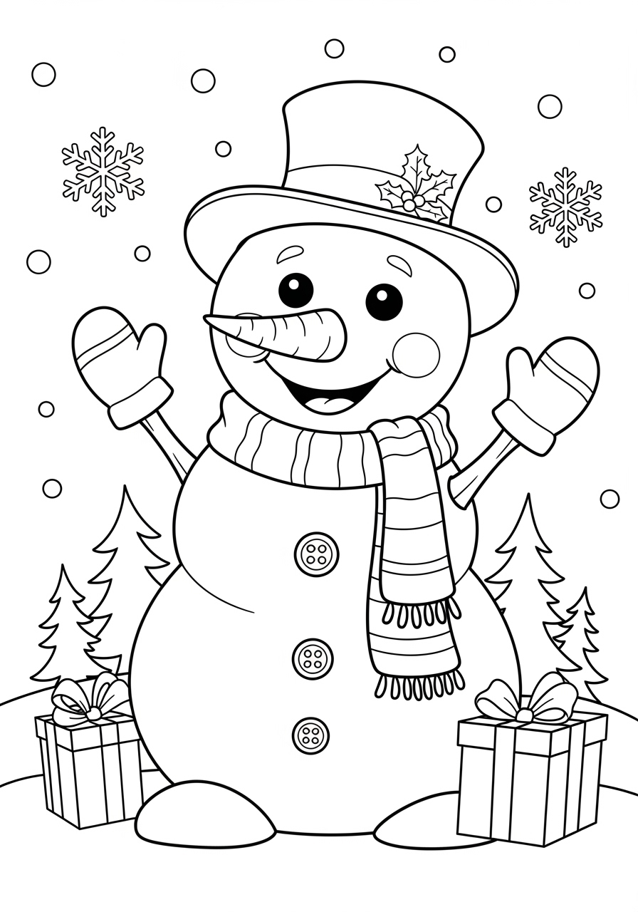Desenho Fofo de Boneco de Neve com chapéu para colorir