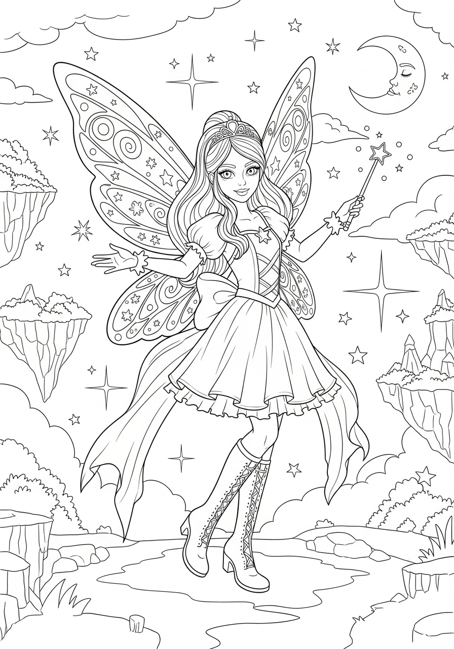 Desenho Fofo de uma Fada com Asas e Varinha Mágica