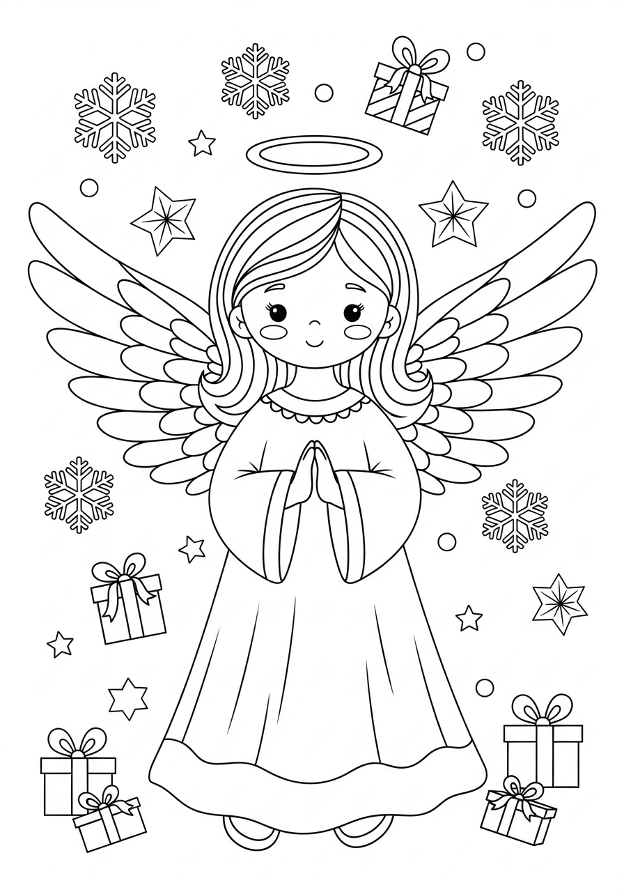 Desenho Fofo de um anjo com presentes e flocos de neve