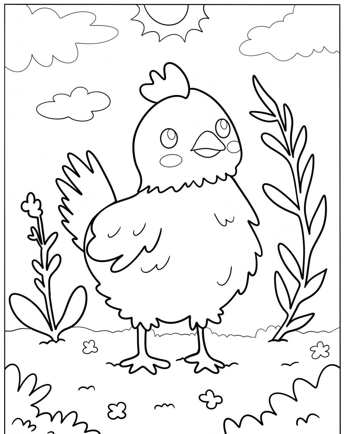 Desenho Fofo de uma galinha num campo para colorir e imprimir