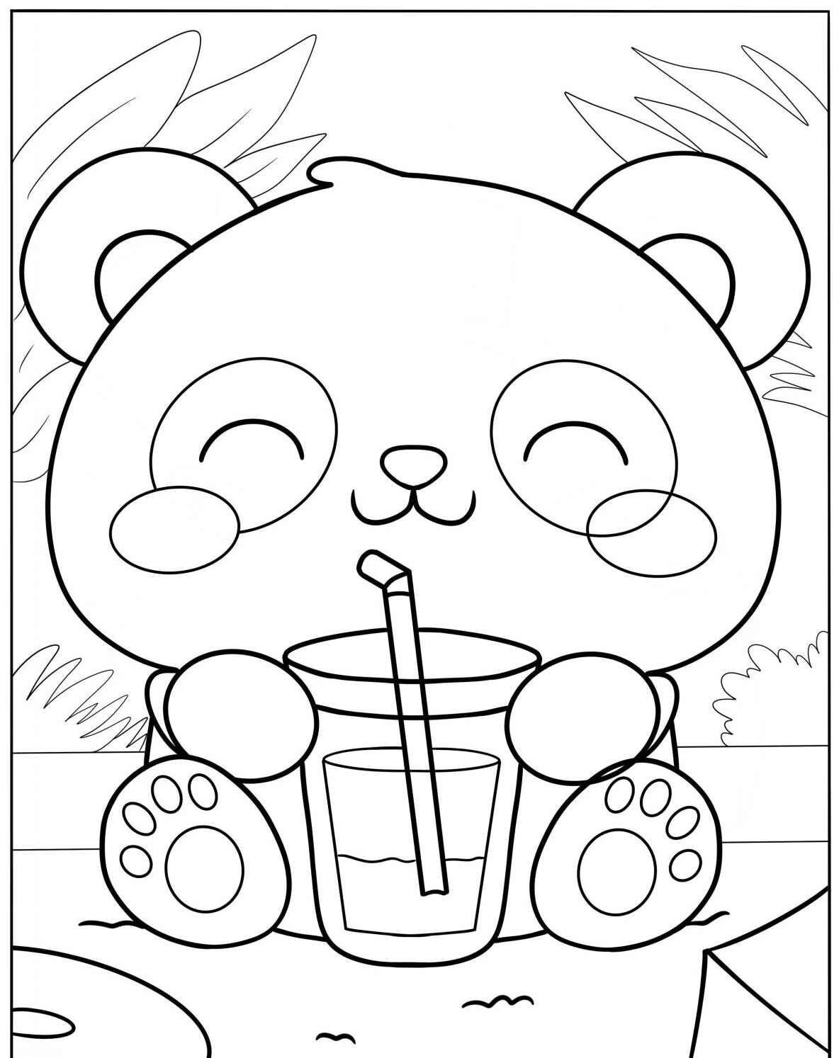 Desenho Fofo de um panda bebendo um suco para colorir