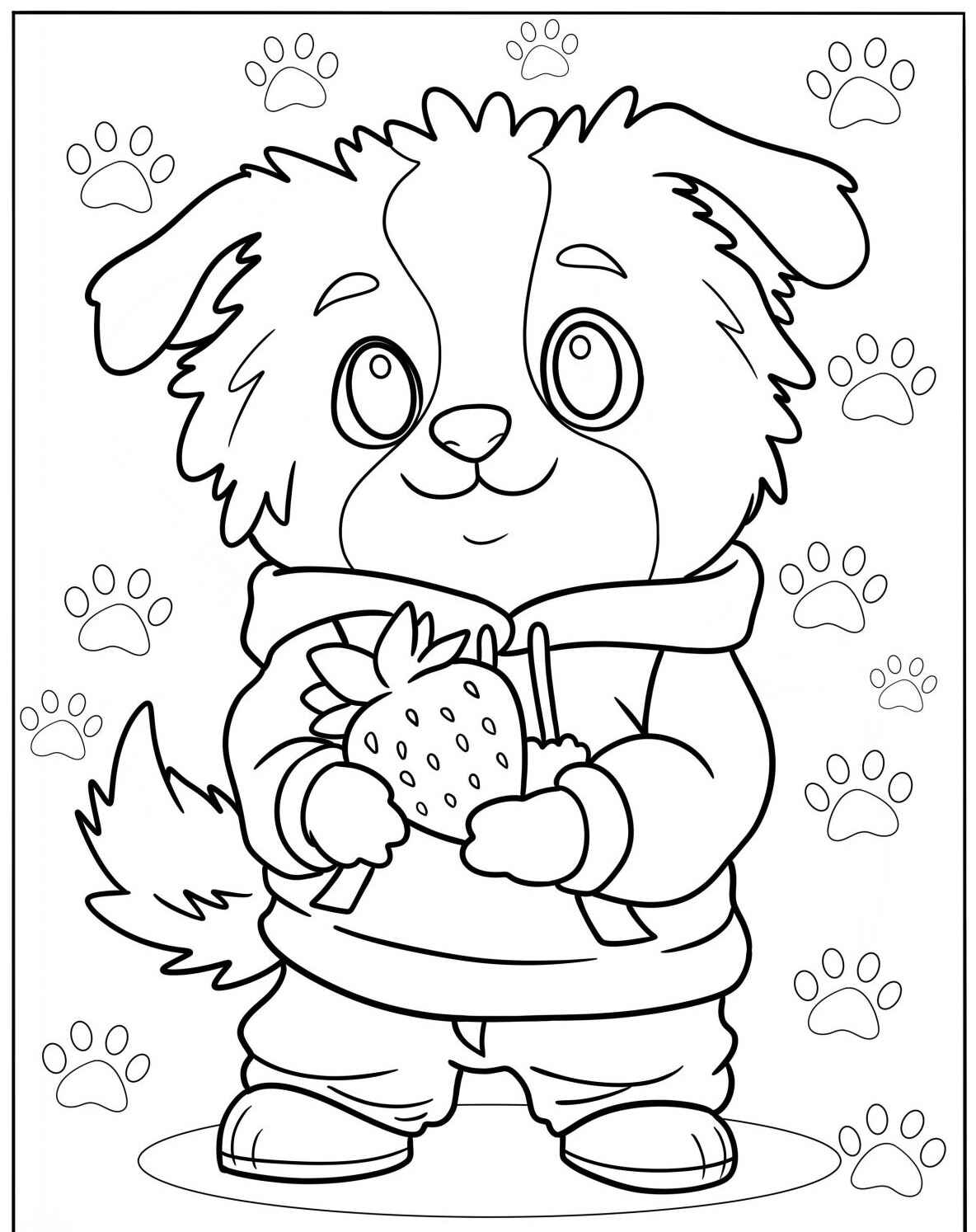 Desenho Fofo de um cãozinho segurando uma morango