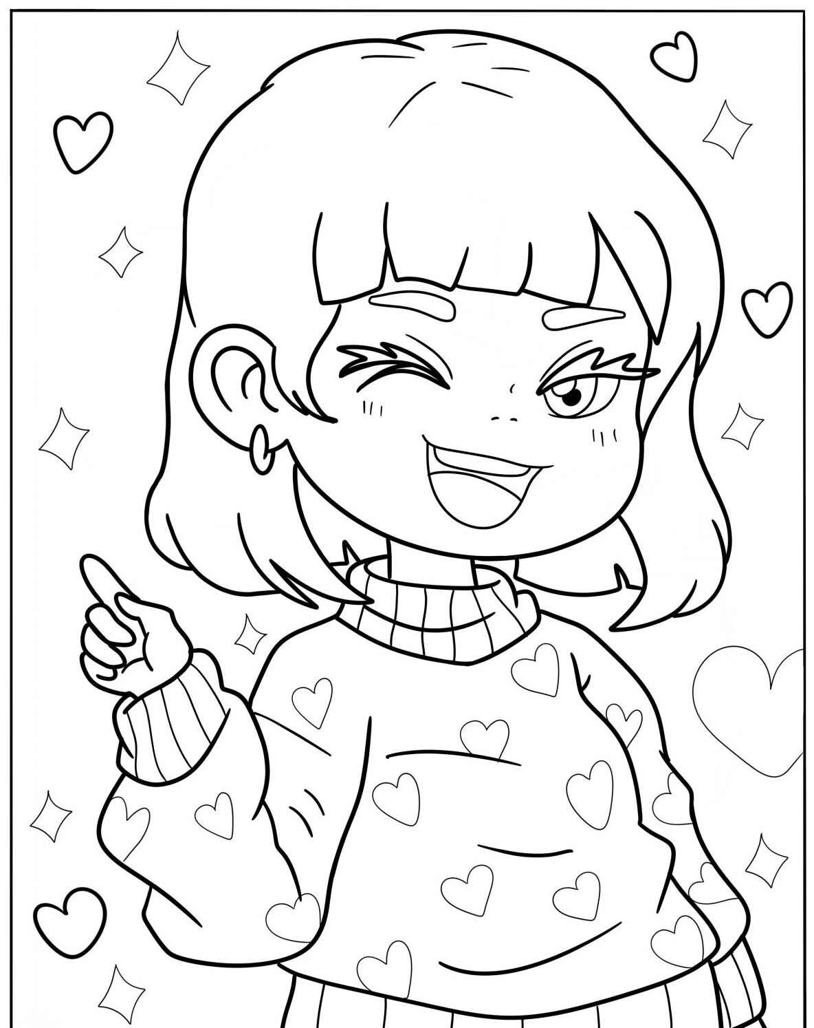 Desenho Fofo de uma menina com suéter e corações para colorir