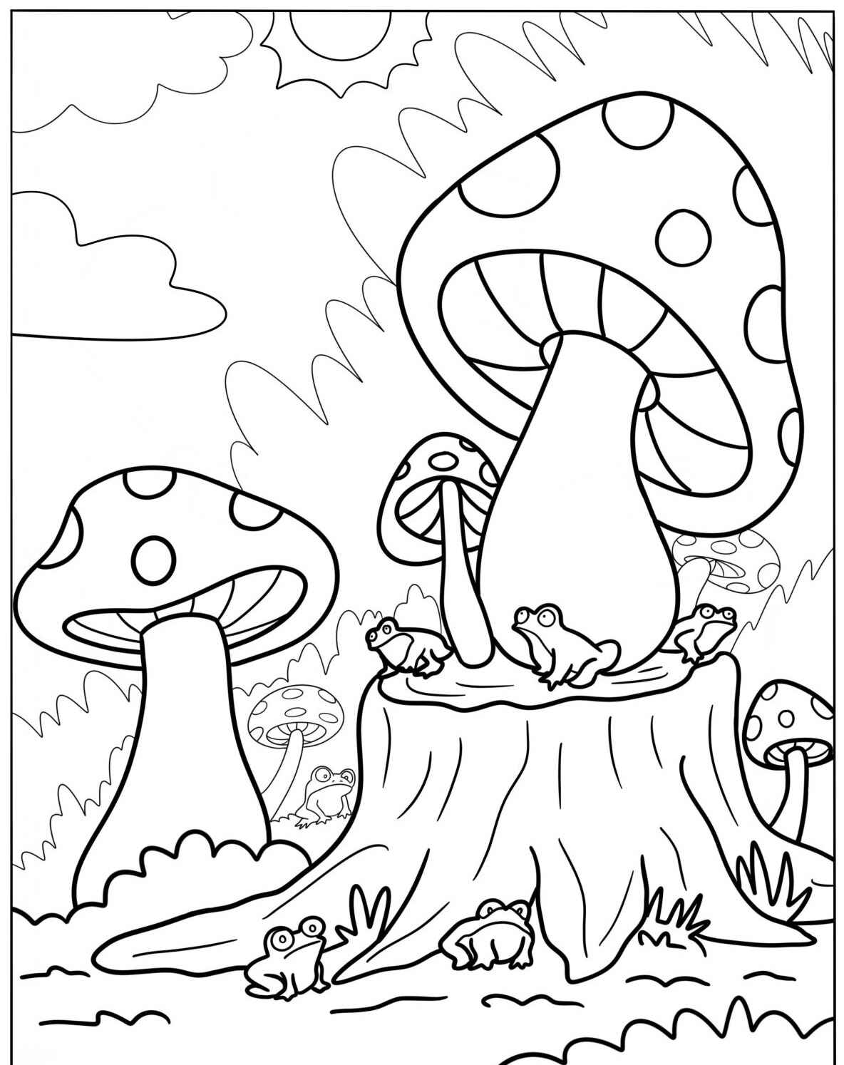 Desenho Fofo de sapos e cogumelos numa floresta para colorir
