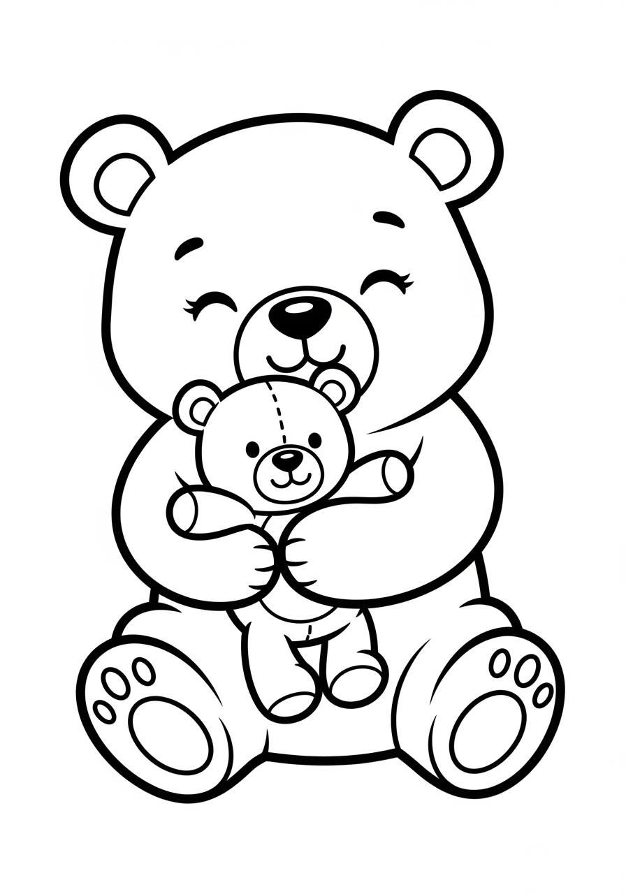 Desenho Fofo de um urso abraçando um ursinho para colorir