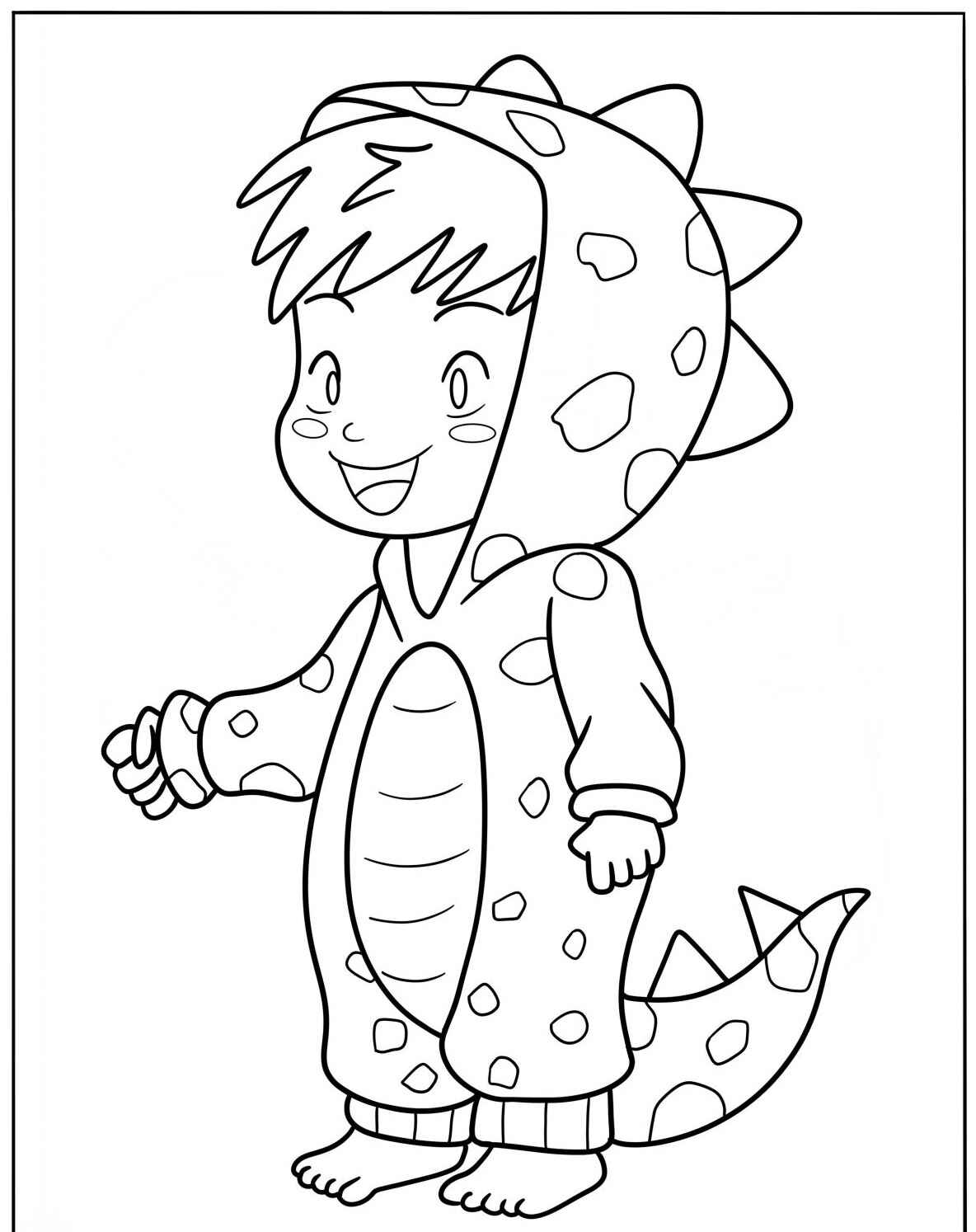 Desenho Fofo de menino vestido de dinossauro para colorir