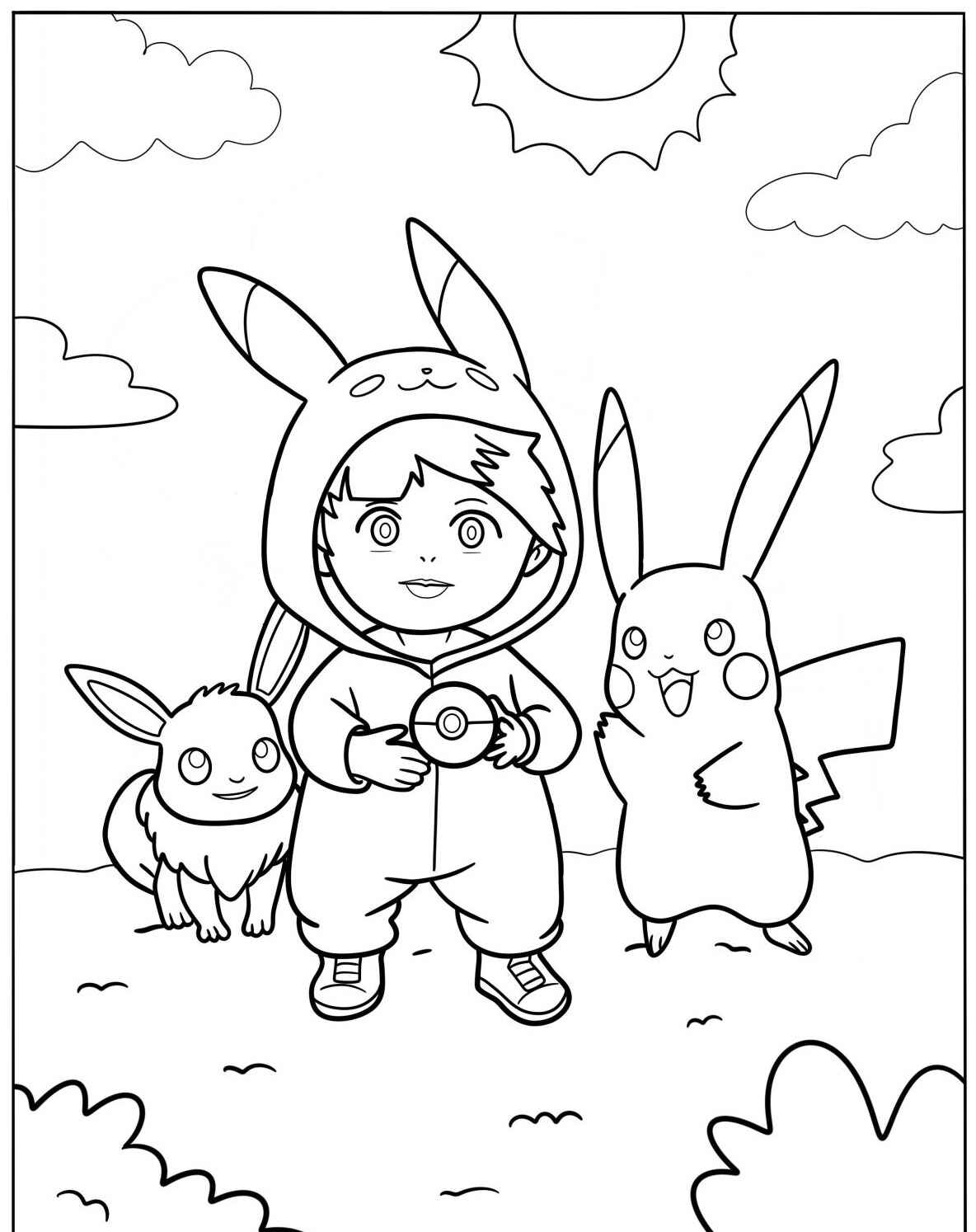 Desenho Fofo de uma criança com Pokémon para colorir