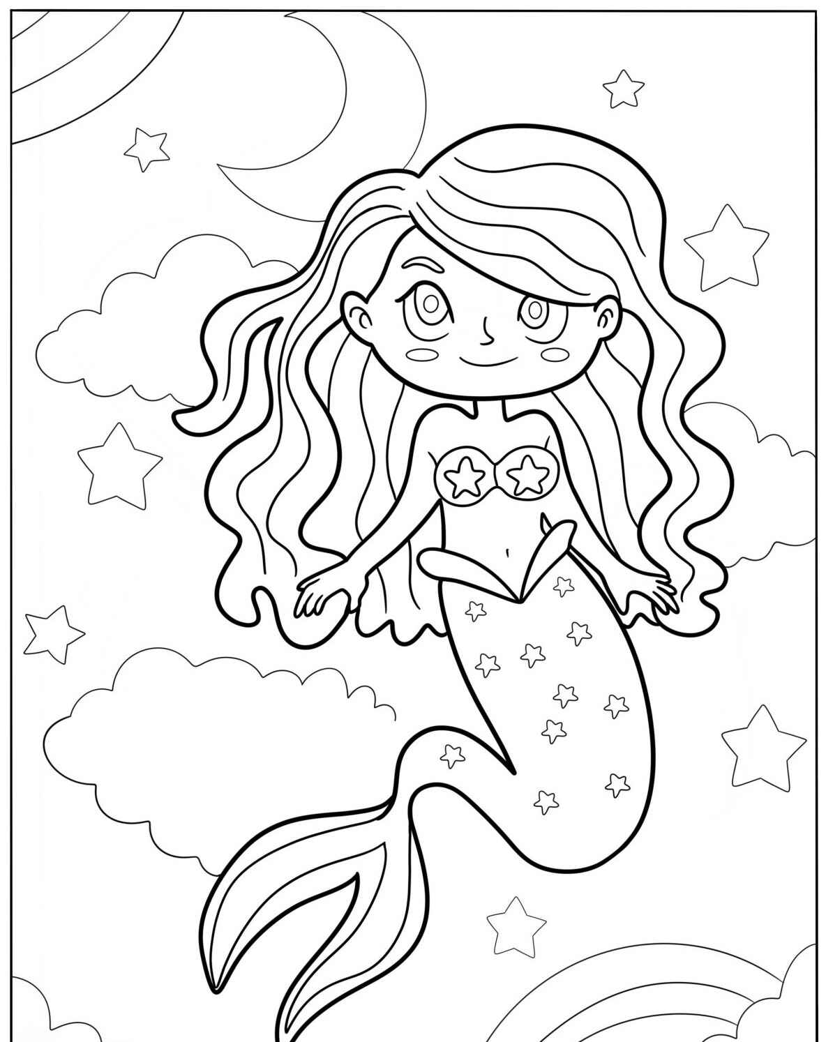 Desenho Fofo de uma sereia entre nuvens e estrelas para colorir