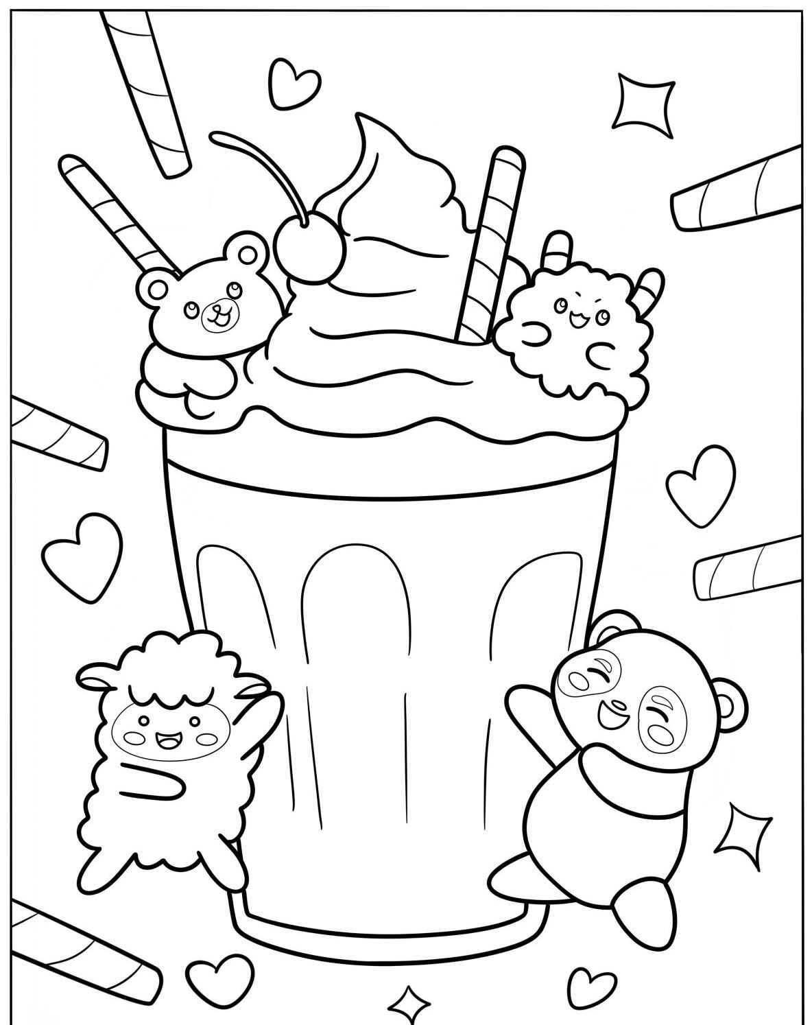 Desenho Fofo de um milkshake com bichinhos para colorir