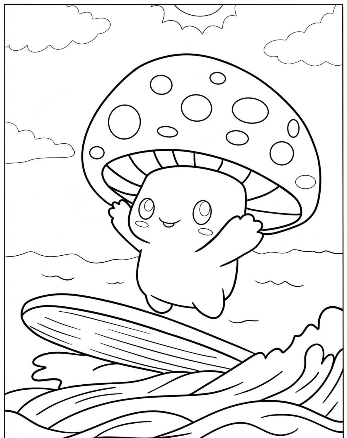 Desenho Fofo de um cogumelo surfista na praia