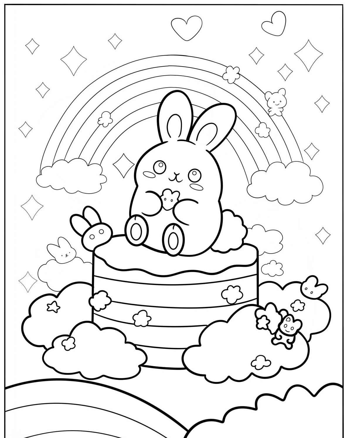 Desenho Fofo de coelho em um bolo com nuvens para colorir