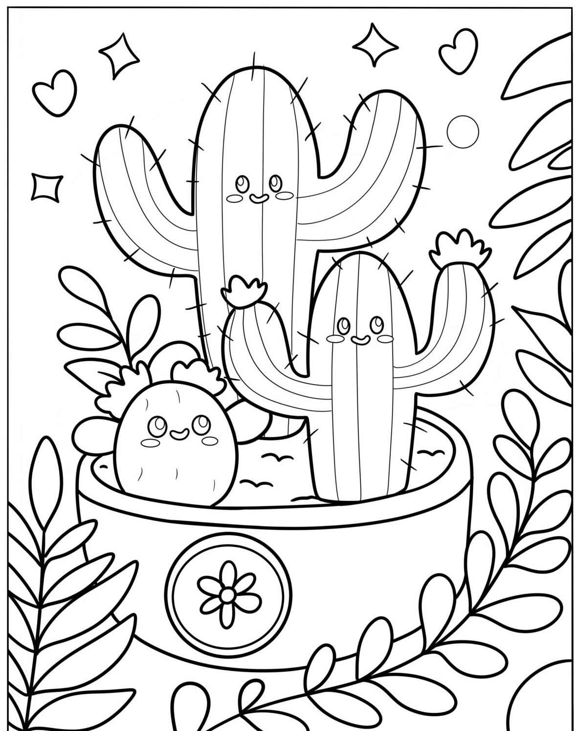Desenho Fofo de cactos dentro de um vaso para colorir