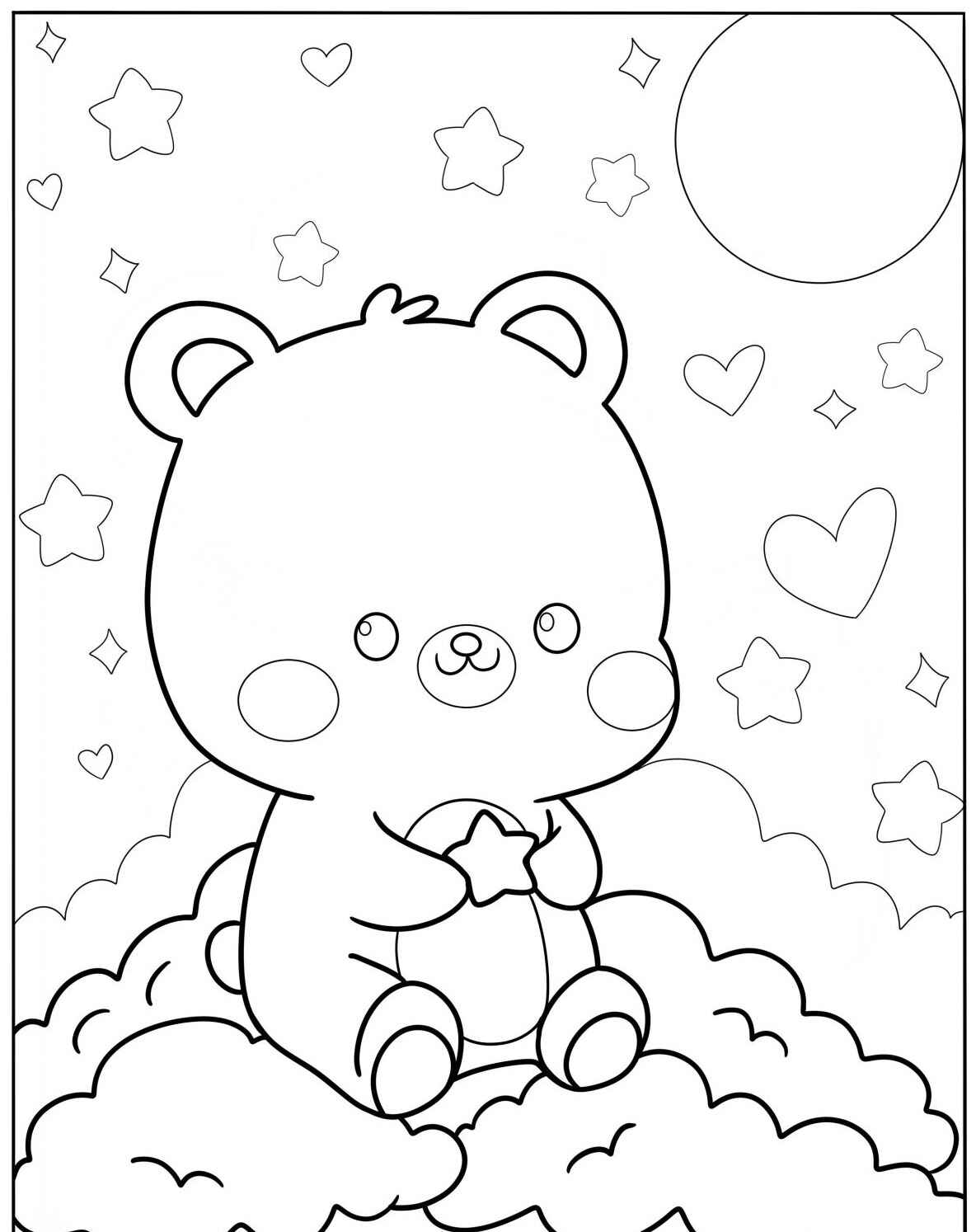 Desenho Fofo de um urso sentado nas nuvens com estrelas