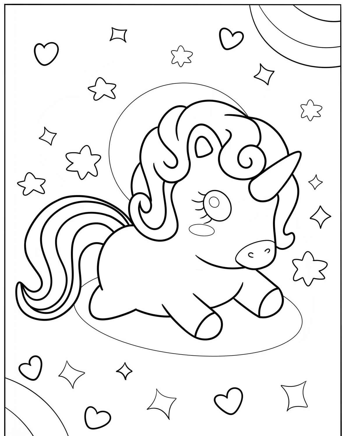 Desenho Fofo de um unicórnio entre estrelas e corações