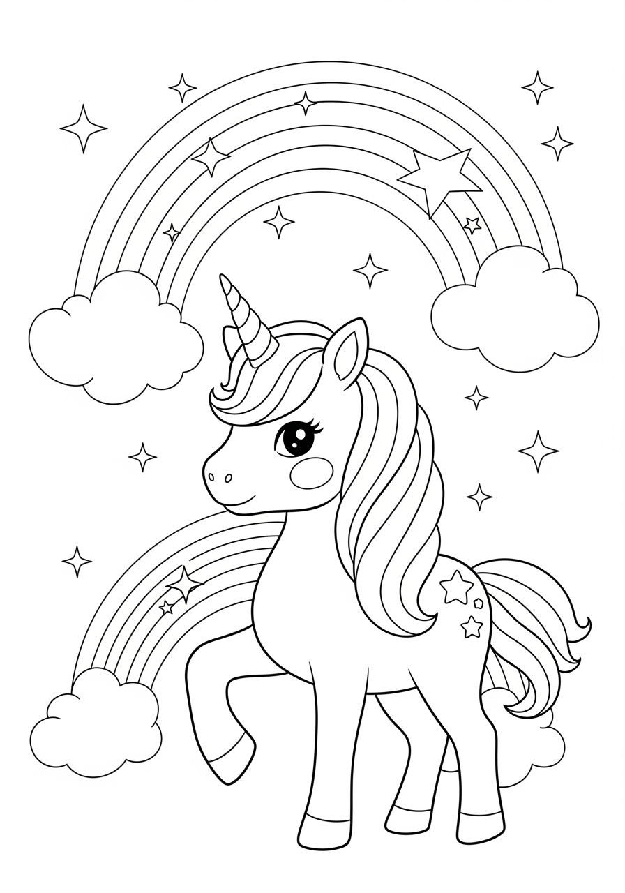 Desenho Fofo de um unicórnio com arco-íris para colorir