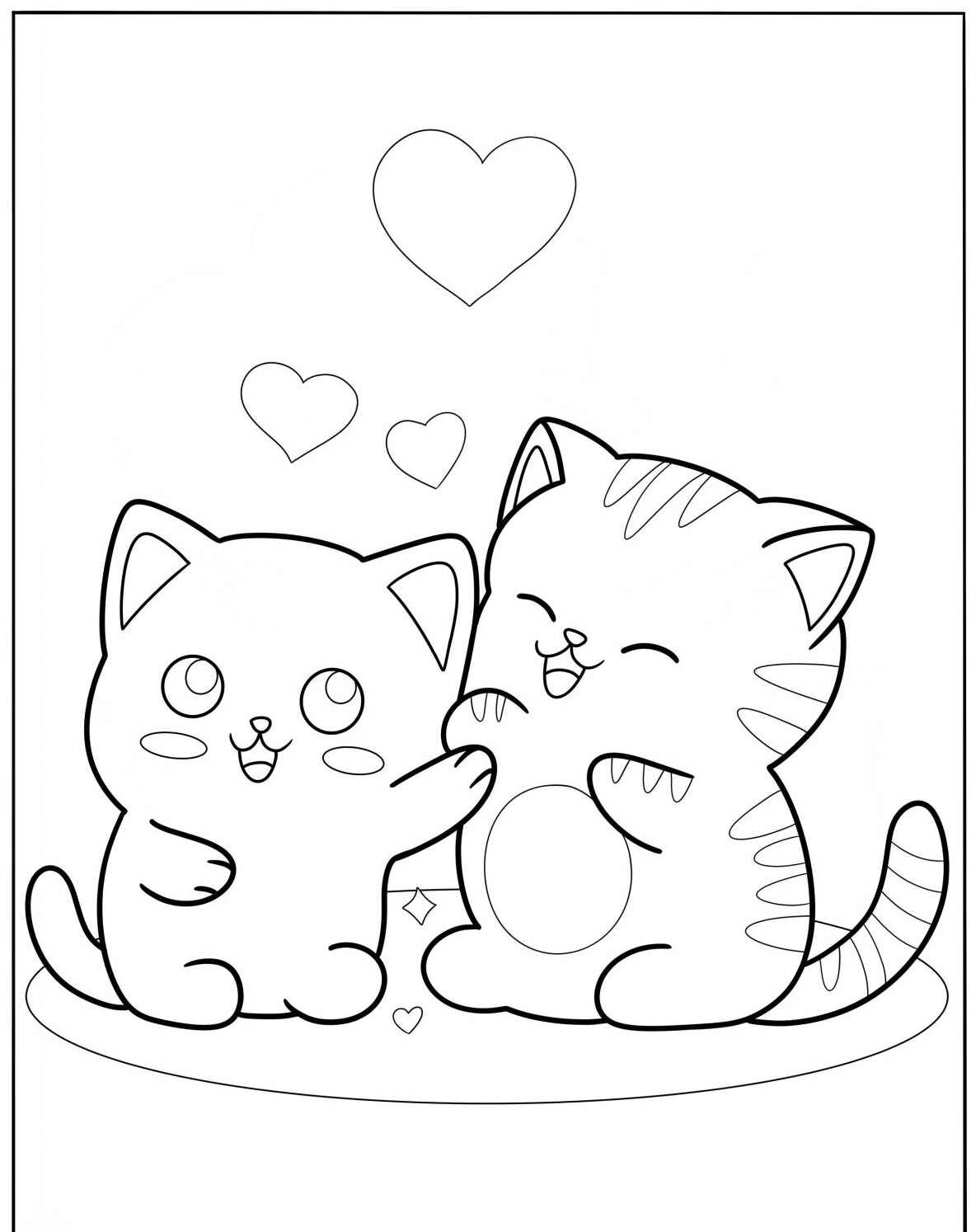 Desenho Fofo de gatinhos felizes com corações para colorir