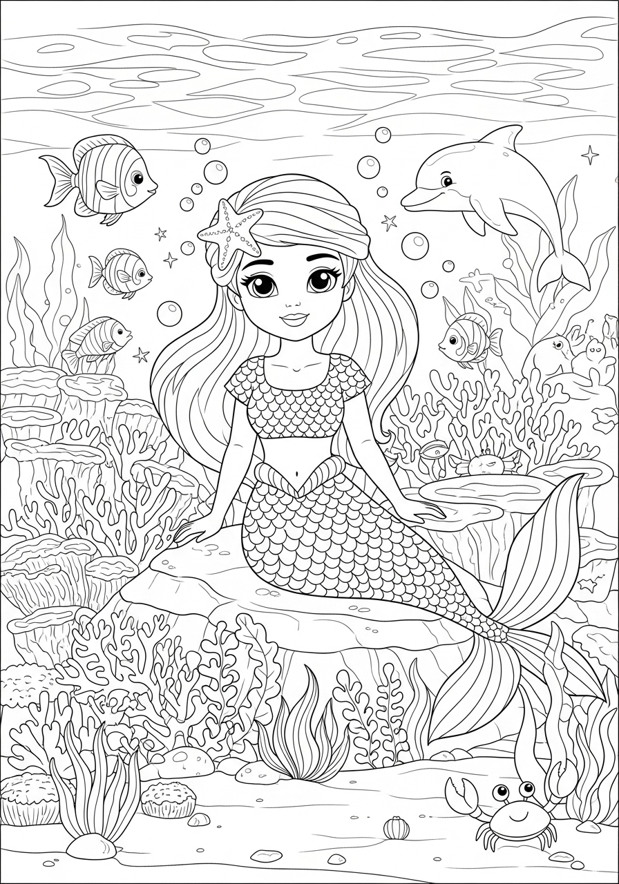 Desenho Fofo de uma sereia sentada em uma rocha para colorir