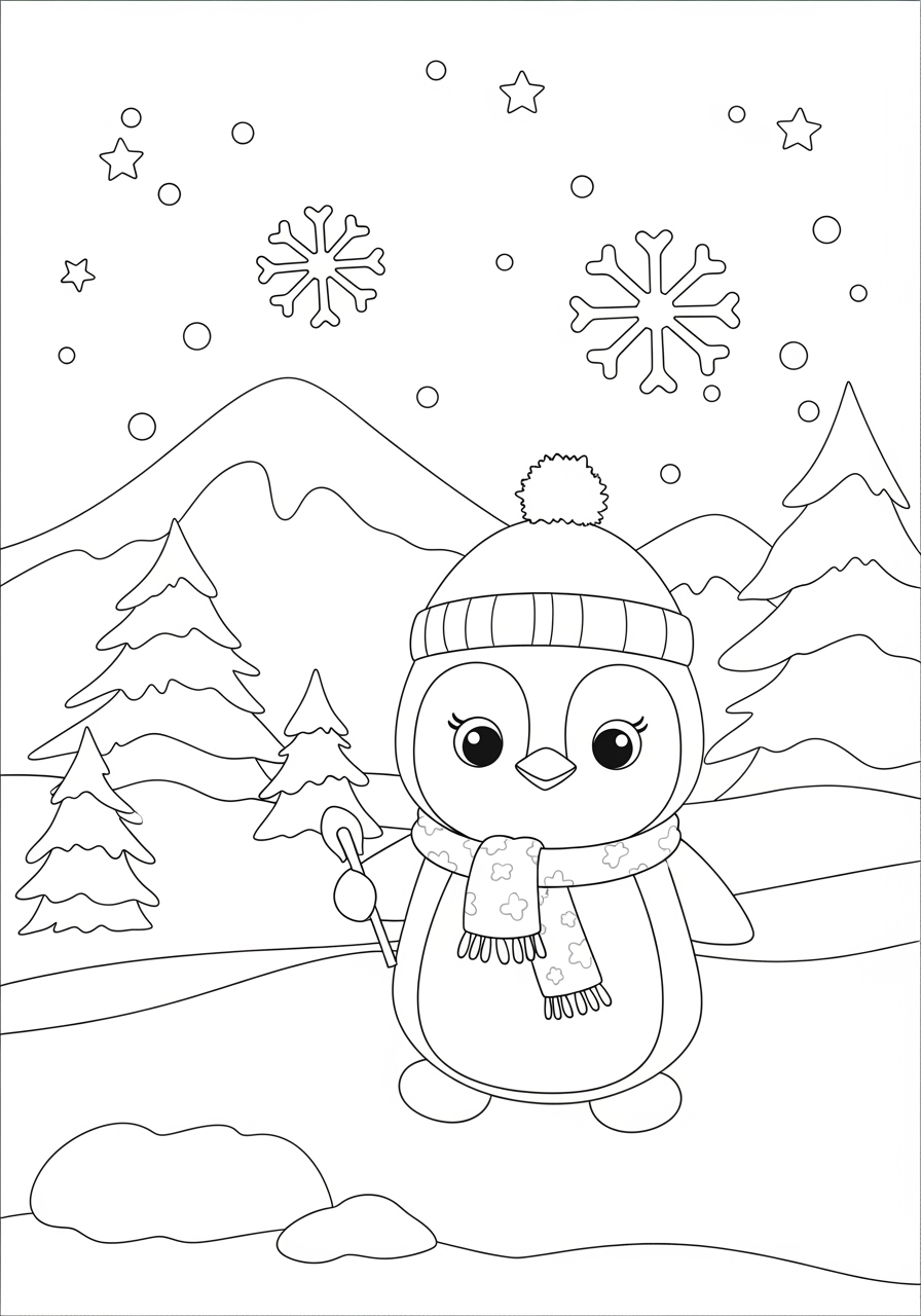 Desenho Fofo de um pinguim no inverno para colorir