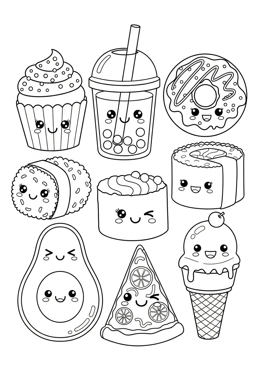 Desenho Fofo de alimentos com rostos para colorir e imprimir