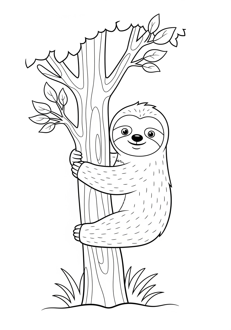 Desenho Fofo de um bicho-preguiça em uma árvore para colorir