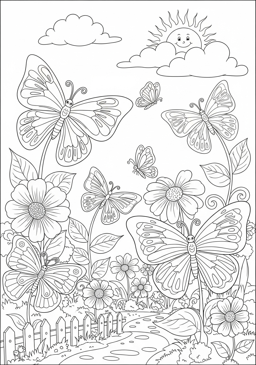 Desenho Fofo de borboletas e flores em um jardim para colorir