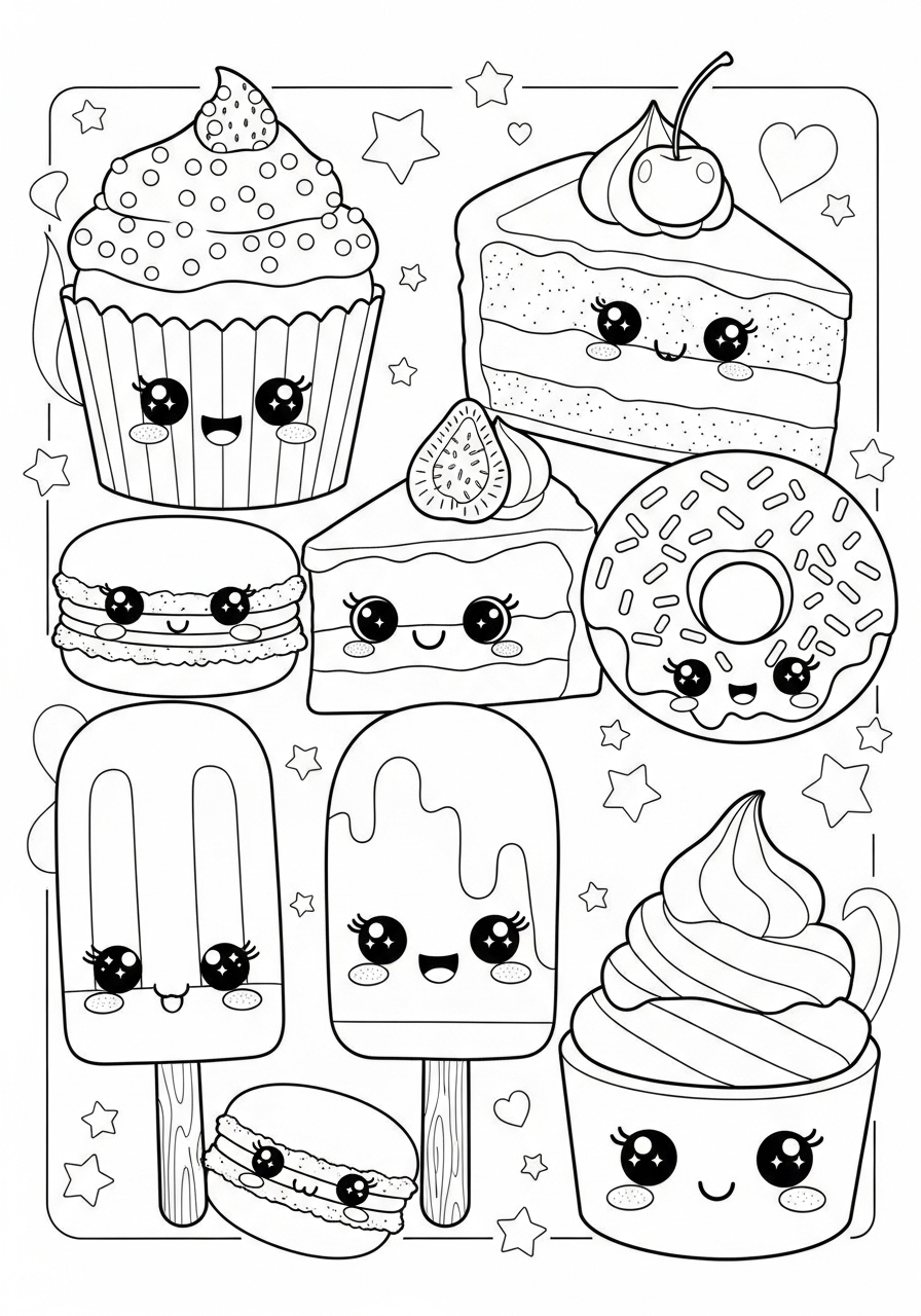 Desenho Fofo de sobremesas felizes para colorir e imprimir