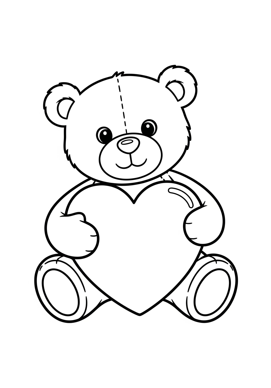 Desenho Fofo de um urso segurando um coração para colorir