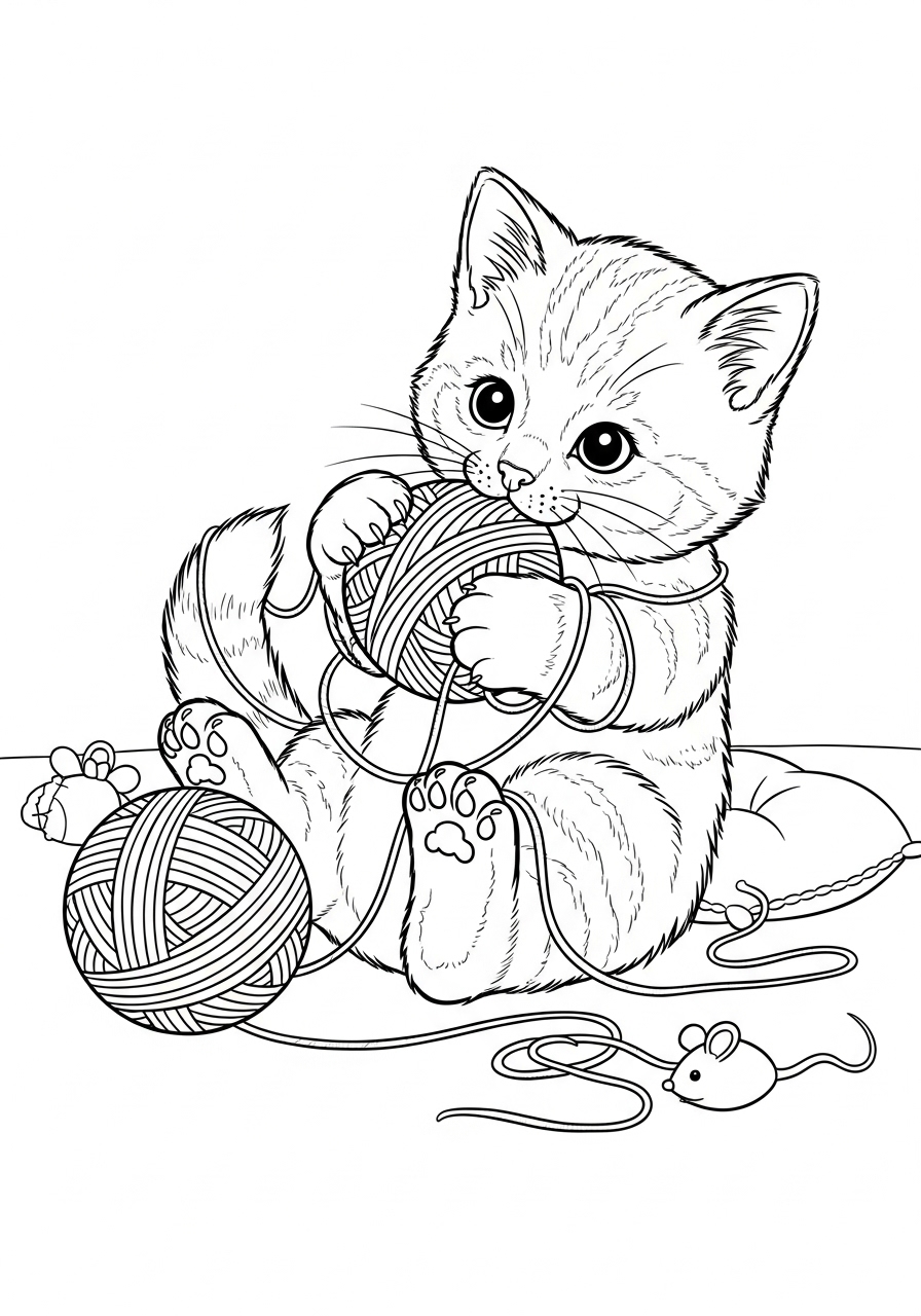 Desenho Fofo de um gato brincando com bolinhas de lã