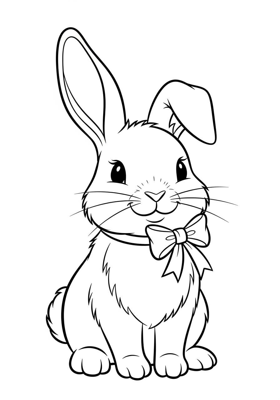 Desenho Fofo de um coelho com laço para colorir e imprimir