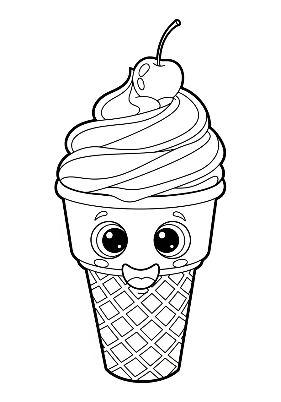 Desenho Fofo de um sorvete sorridente para colorir e imprimir