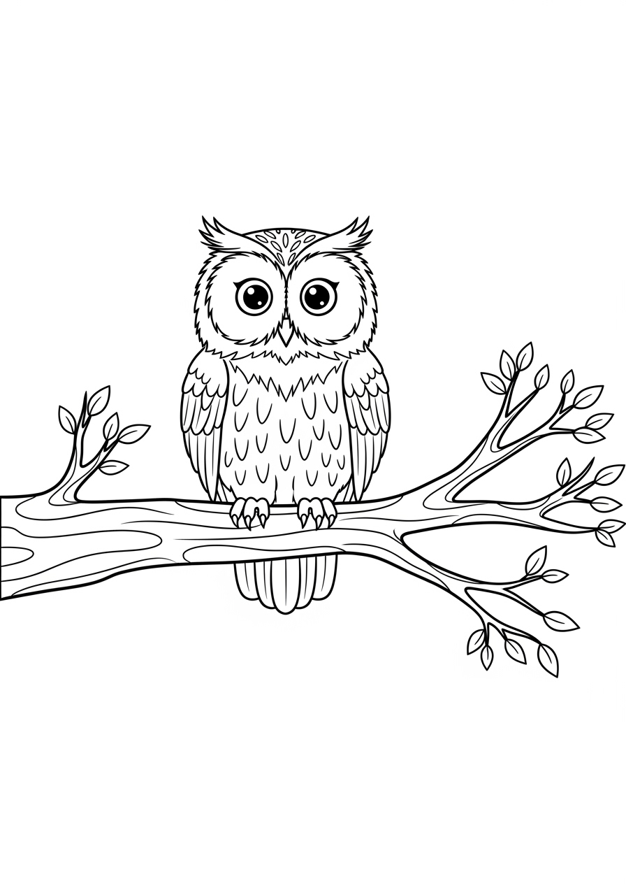 Desenho Fofo de uma coruja em um galho para colorir