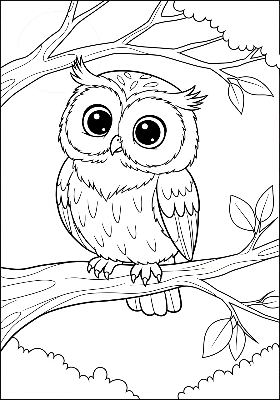 Desenho Fofo de uma coruja em um galho para colorir