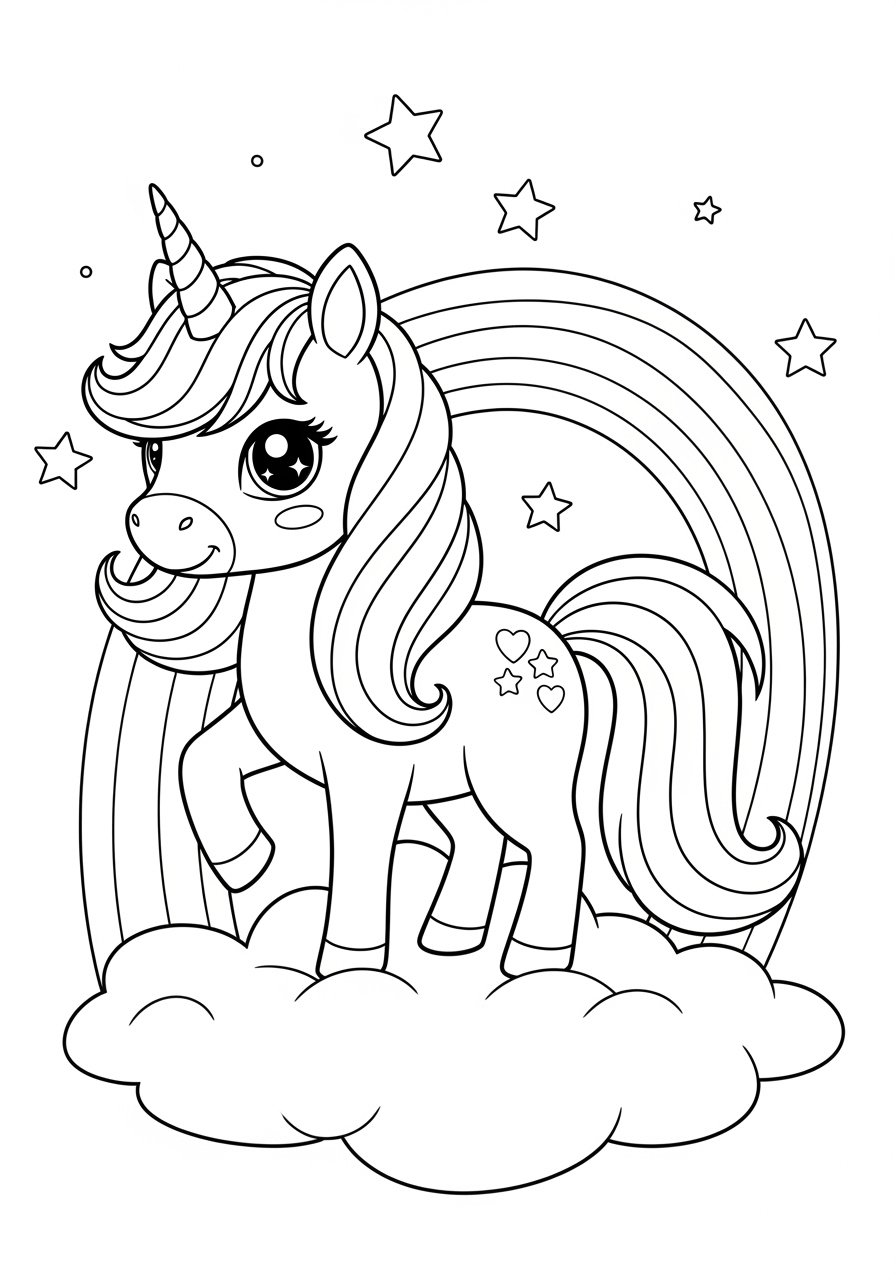 Desenho Fofo de um unicórnio com arco-íris para colorir