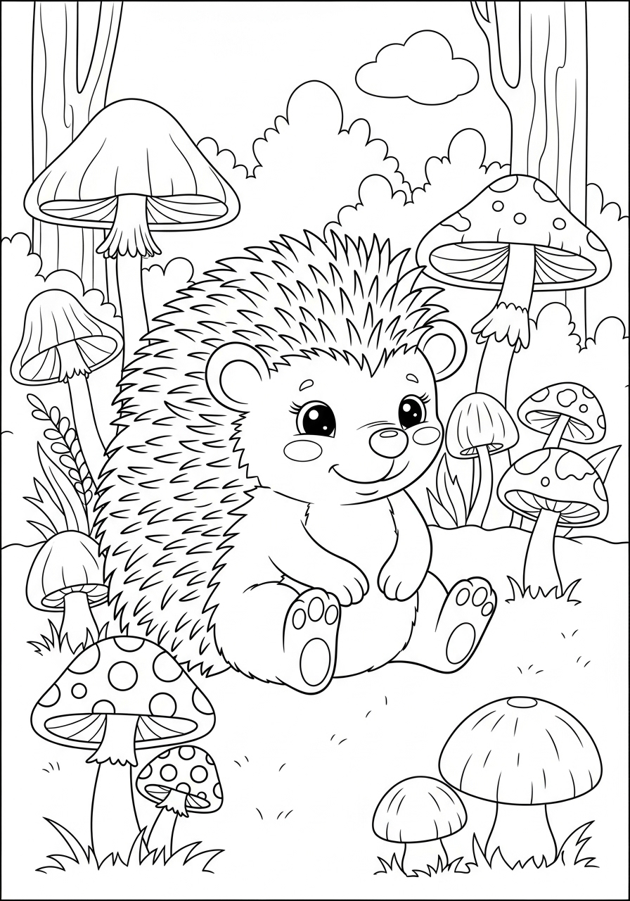 Desenho Fofo de um ouriço em um campo de cogumelos