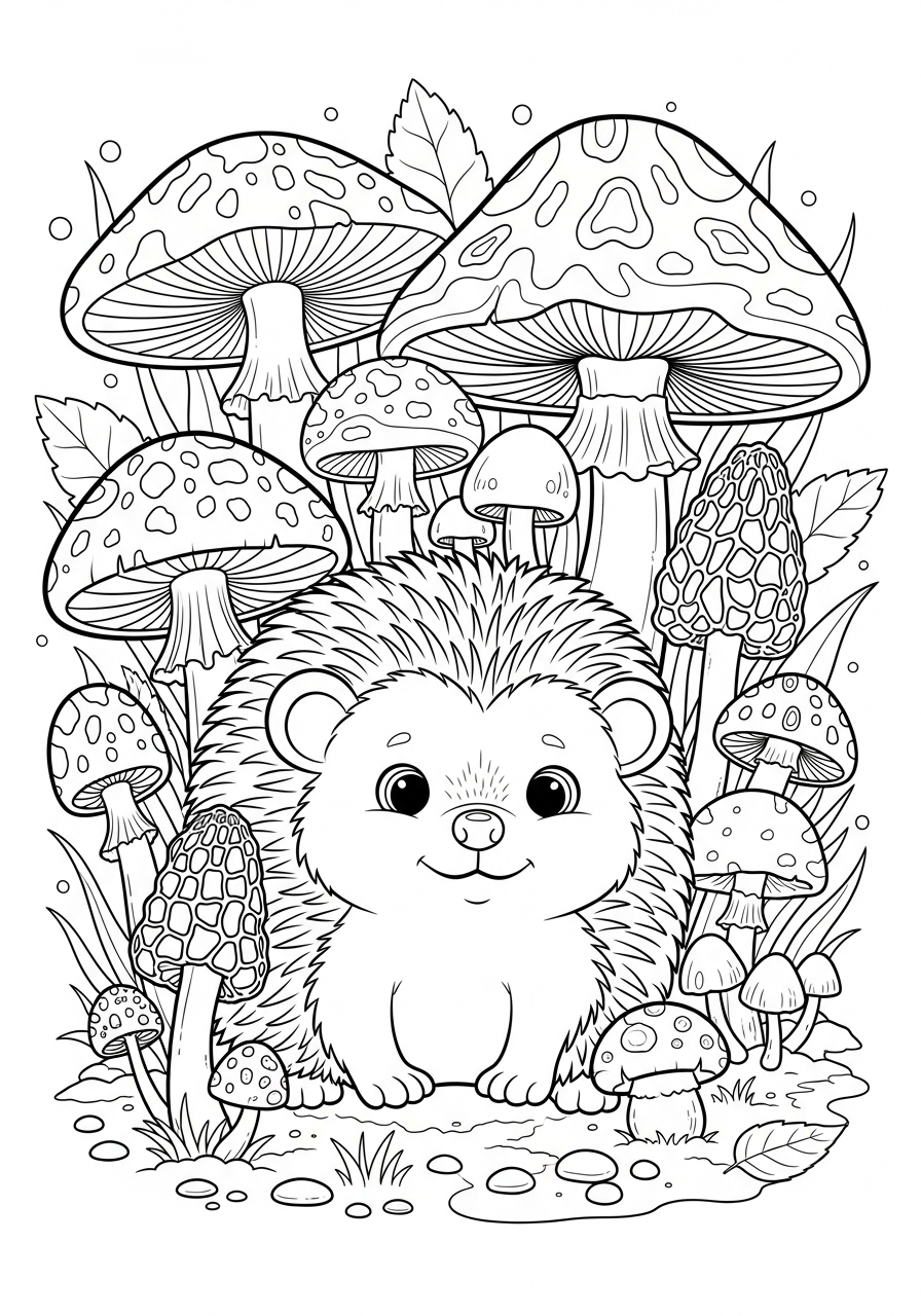 Desenho Fofo de um ouriço entre cogumelos para colorir