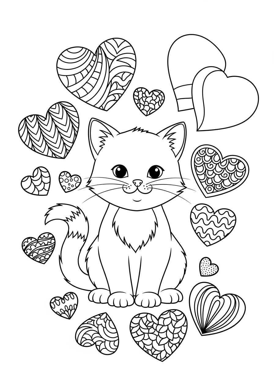 Desenho Fofo de um gato rodeado de corações para colorir