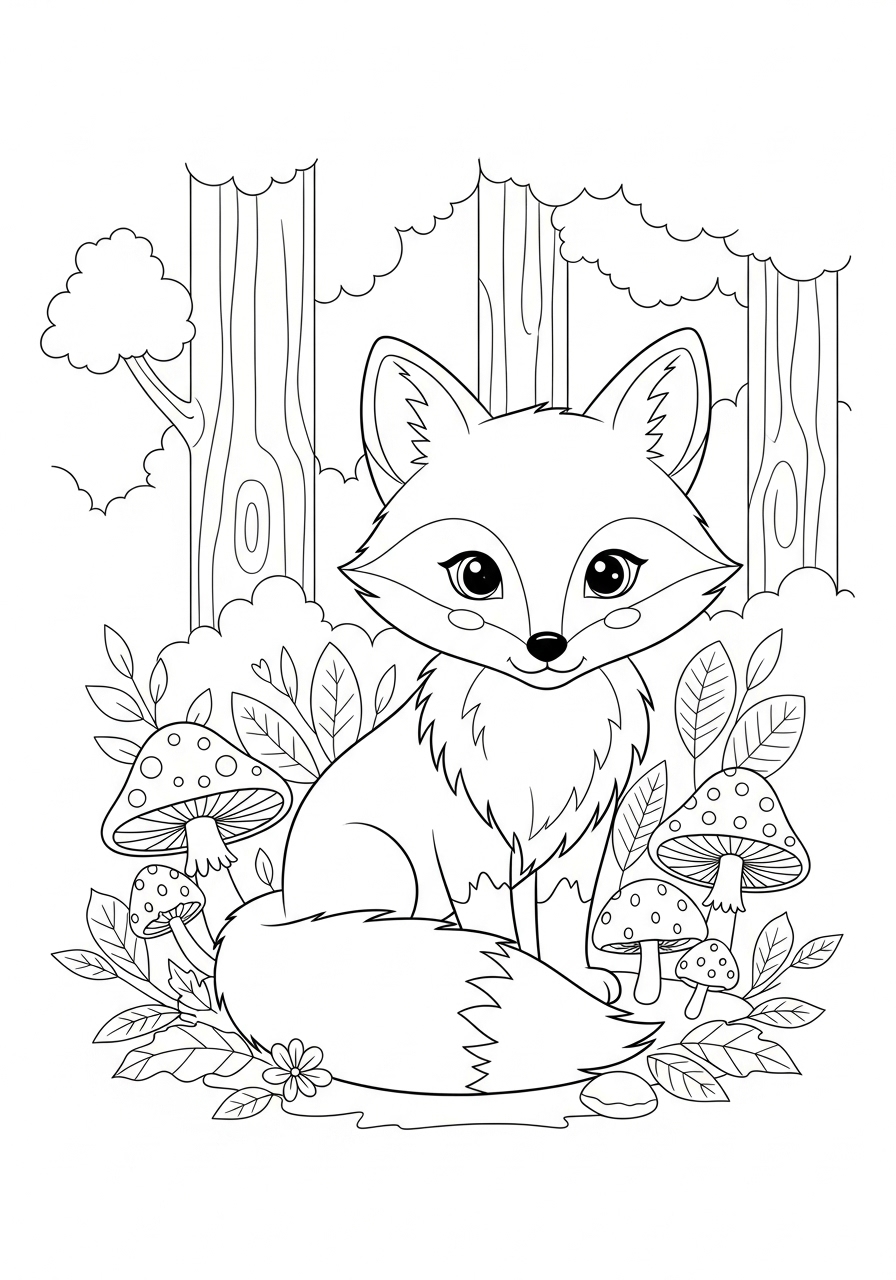 Desenho Fofo de uma raposa entre cogumelos para colorir