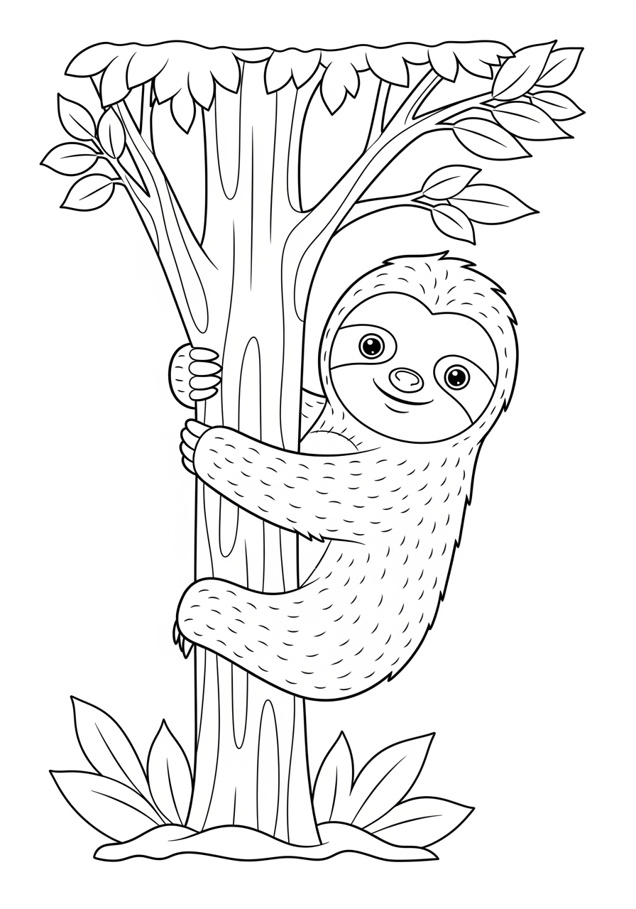 Desenho Fofo de um bicho-preguiça em uma árvore para colorir