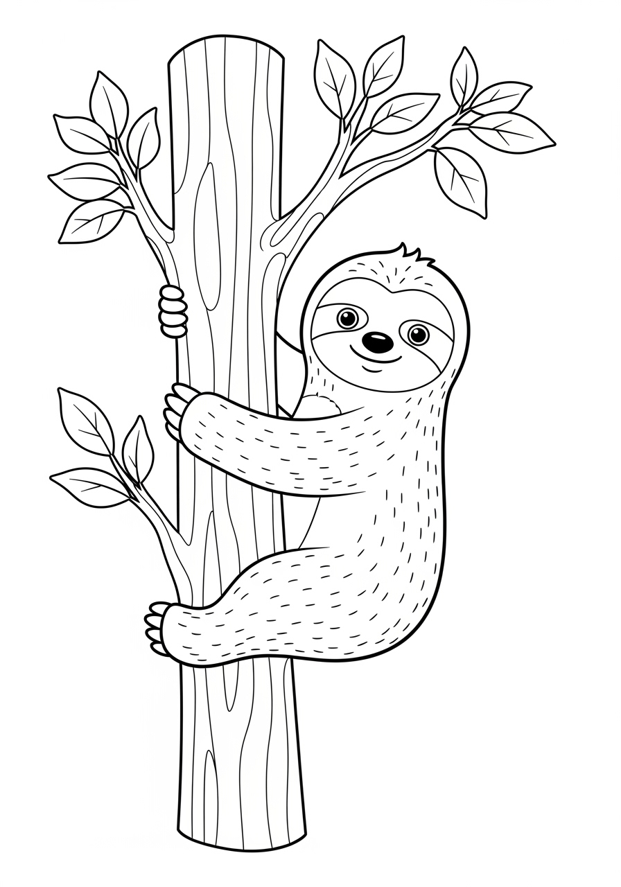 Desenho Fofo de um bicho-preguiça em uma árvore para colorir