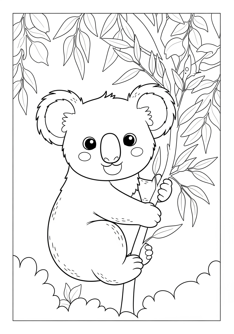 Desenho Fofo de um coala em uma árvore para colorir e imprimir