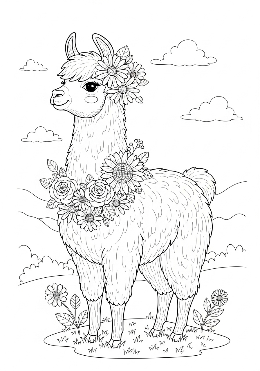 Desenho Fofo de uma lhama com flores para colorir