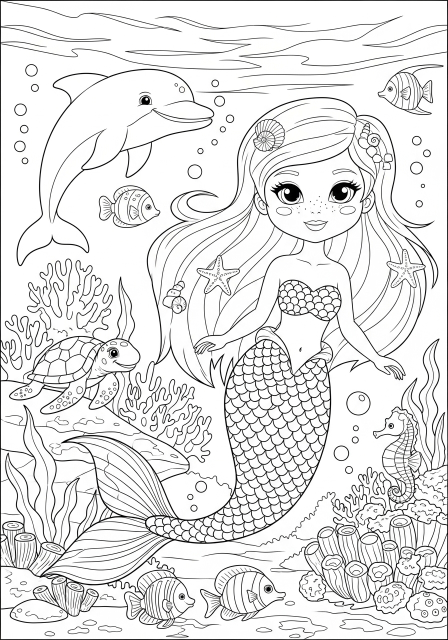 Desenho Fofo de uma sereia rodeada de peixes para colorir
